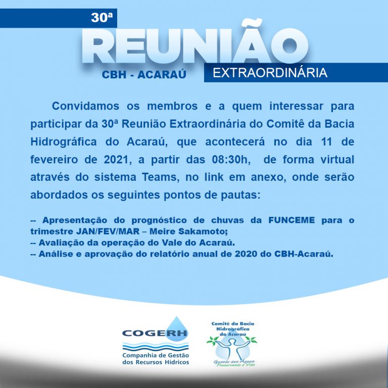 Comitê da Bacia Hidrográfica do Aracaú realizará reunião extraordinária no dia 11 de fevereiro/2021