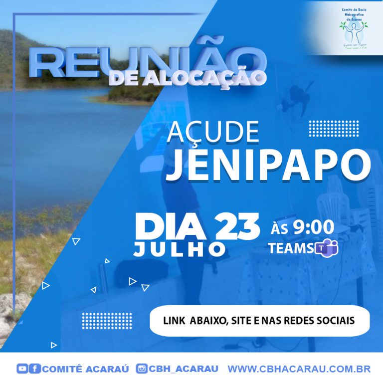 Reunião de alocação do açude Jenipapo será realizada no dia 23 de julho de 2021